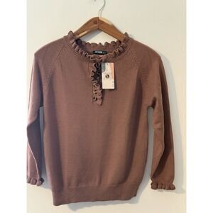 BTFBM mauve  Knit Pullover Sweater Ruffle Neck Button NWT Spring Feminine